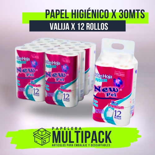 PAPEL HIGIENICO DOBLE HOJA CALIDAD PREMIUM PRESENTACION VALIJA X 12 ROLLOS Papel higiénico doble hoja calidad premium, pack x 12 rollos en caja tipo valija. Suave, resistente y práctico.